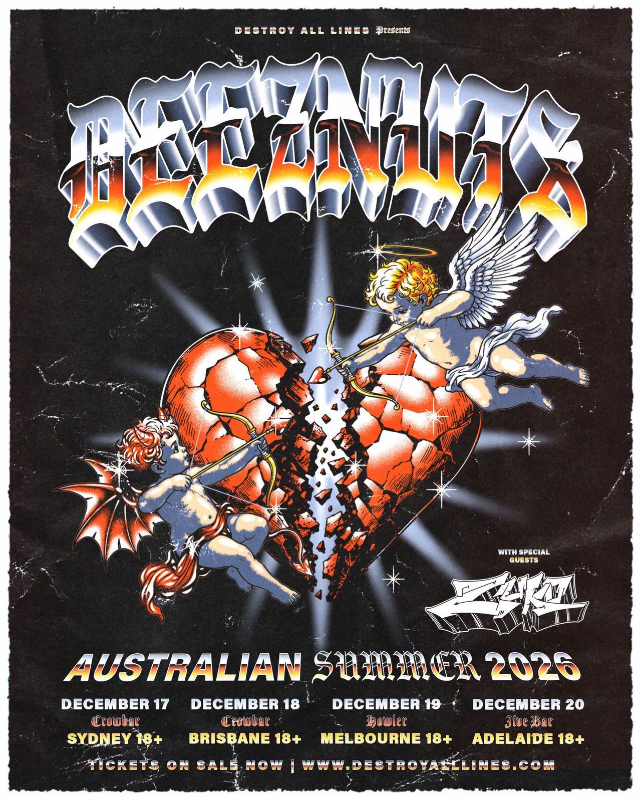 Deez Nuts Australian Summer 2026 Tour poster with concert dates for Sydney, Brisbane, Melbourne, and Adelaide.